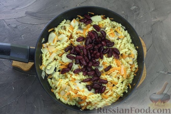 Макароны с грибами и фасолью (на сковороде)