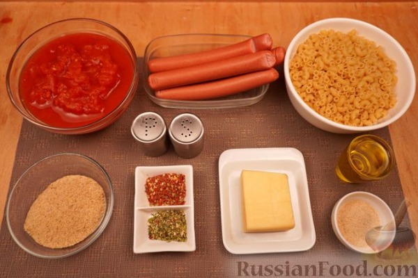 Запеканка из макарон с сосисками в томатном соусе