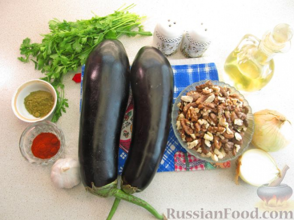 Рулетики из баклажанов по-грузински, с орехами, жареным луком и чесноком